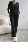 Ribbed V-Neck Top and Pants Set Trendsi