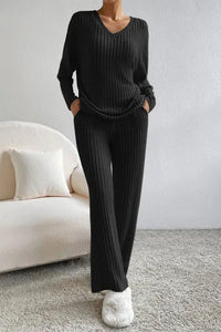 Ribbed V-Neck Top and Pants Set Trendsi