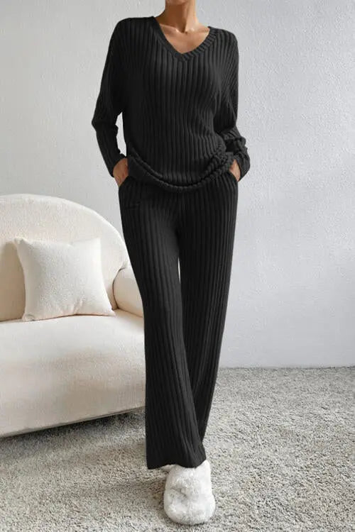 Ribbed V-Neck Top and Pants Set Trendsi
