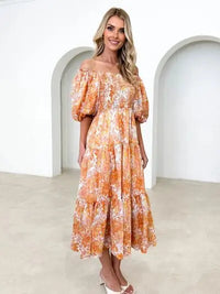 Printed Smocked Off-Shoulder Tiered Dress Trendsi