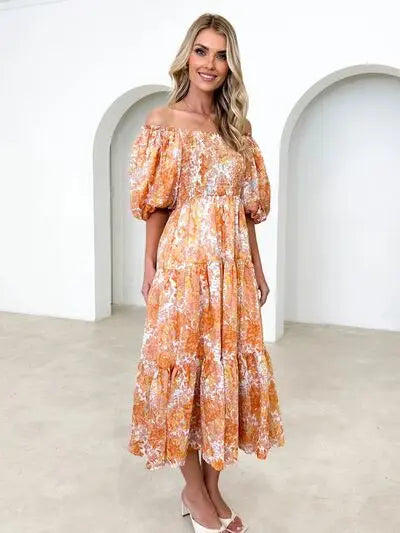 Printed Smocked Off-Shoulder Tiered Dress Trendsi