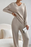 Ribbed V-Neck Top and Pants Set Trendsi
