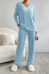 Ribbed V-Neck Top and Pants Set Trendsi