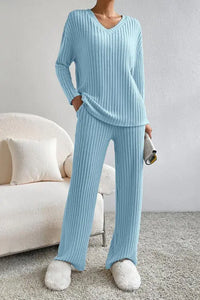 Ribbed V-Neck Top and Pants Set Trendsi