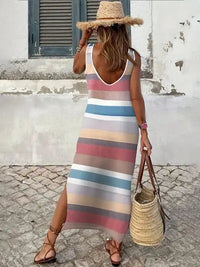 Slit Striped Round Neck Sleeveless Dress Trendsi