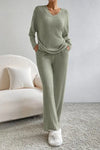 Ribbed V-Neck Top and Pants Set Trendsi