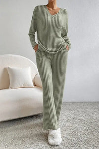 Ribbed V-Neck Top and Pants Set Trendsi
