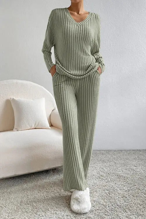 Ribbed V-Neck Top and Pants Set Trendsi