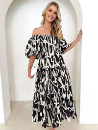 Printed Smocked Off-Shoulder Tiered Dress Trendsi
