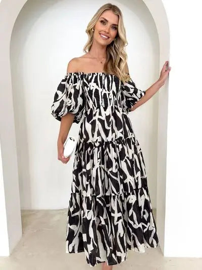 Printed Smocked Off-Shoulder Tiered Dress Trendsi