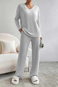 Ribbed V-Neck Top and Pants Set Trendsi