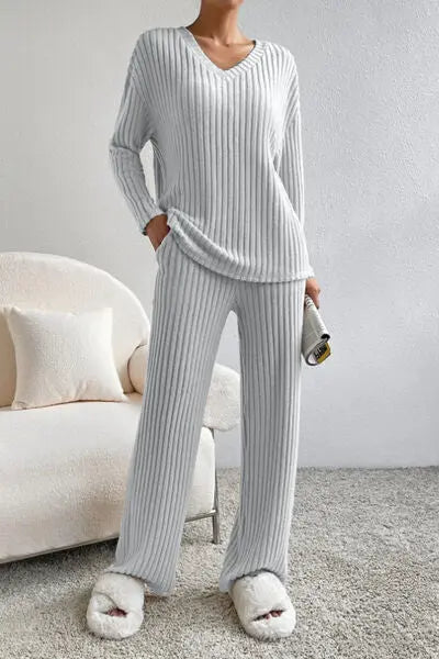 Ribbed V-Neck Top and Pants Set Trendsi