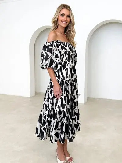 Printed Smocked Off-Shoulder Tiered Dress Trendsi