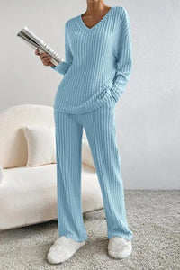 Ribbed V-Neck Top and Pants Set Trendsi