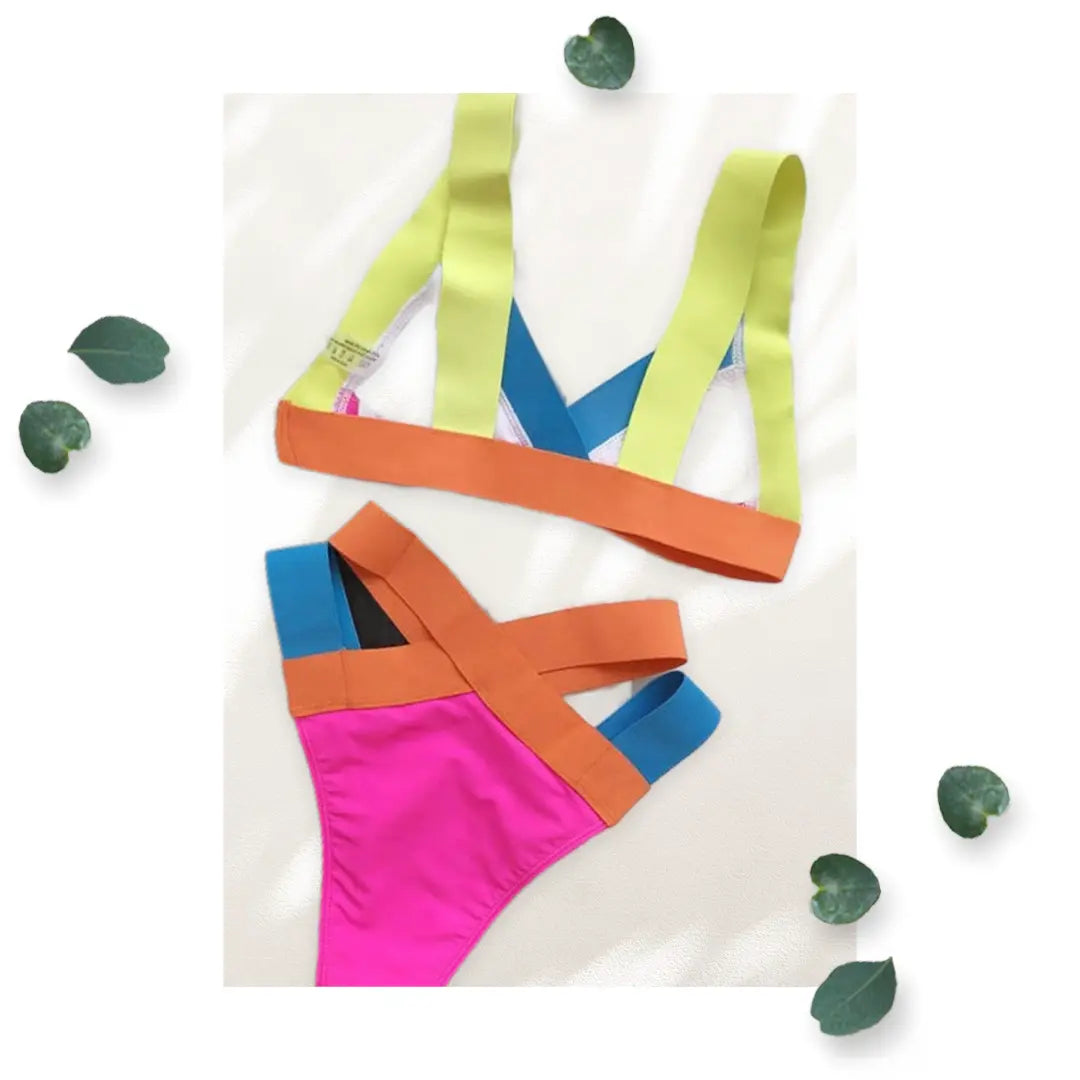Pink Contrast Color Bondage High-Waisted Bikini WearMSW