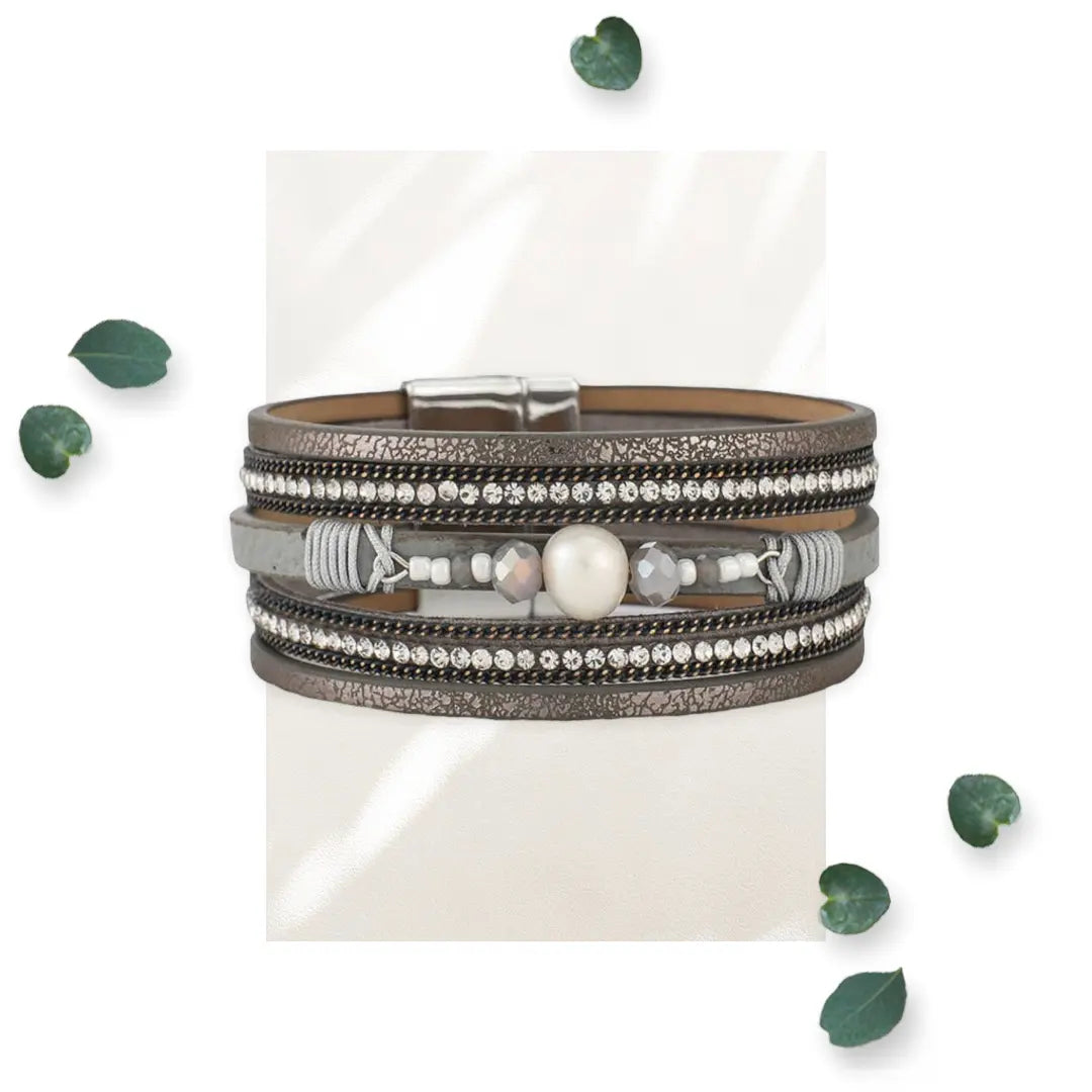 Crystal and Stones Grey Leather Bracelets Makuwa Swim Wear