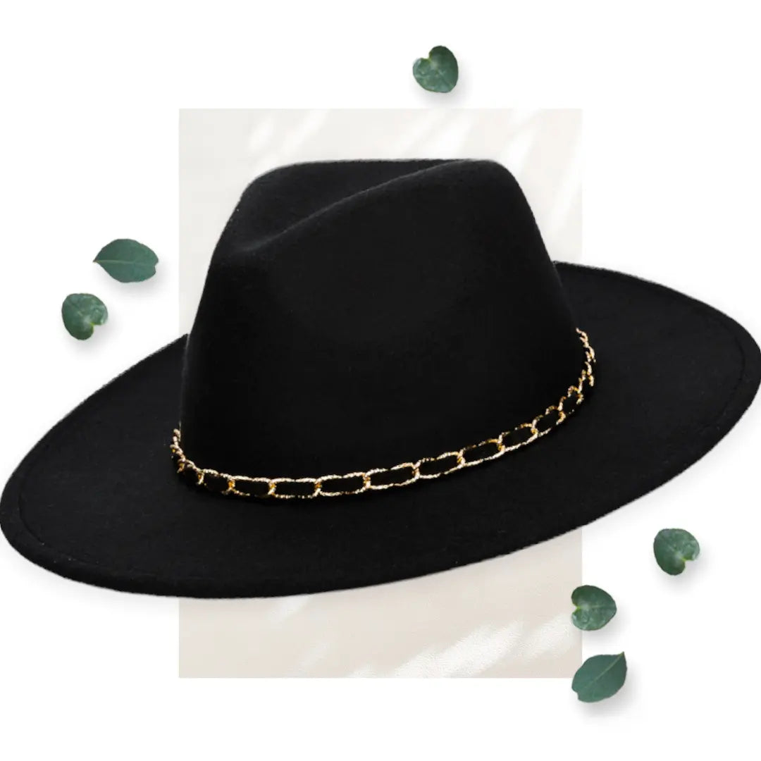 SDH Women's Faux Felt Fedora W/ Gold Chain Trim Hat WearMSW