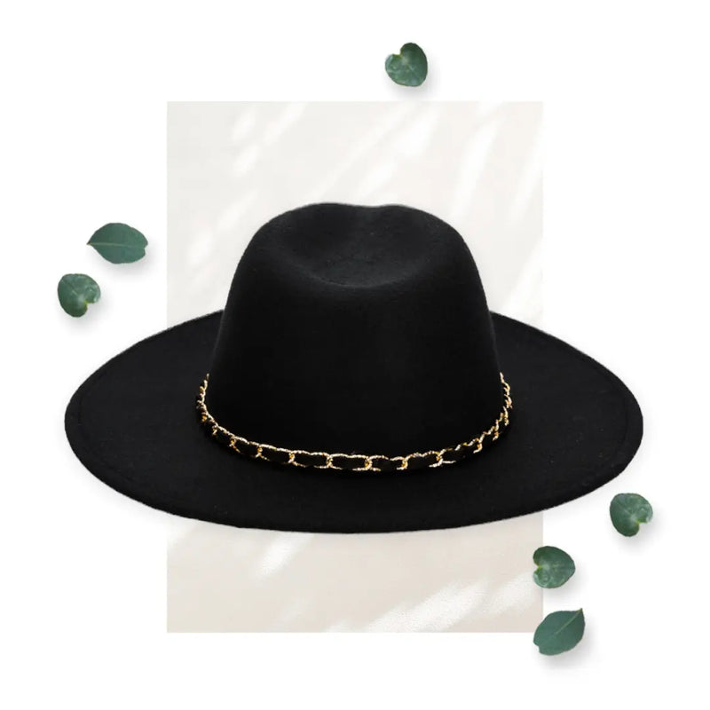 SDH Women's Faux Felt Fedora W/ Gold Chain Trim Hat WearMSW