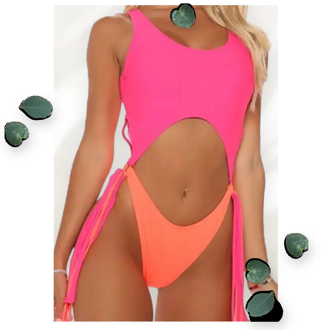 Neon Pink Cut out two tone  One Piece Swimsuit Makuwa Swim Wear