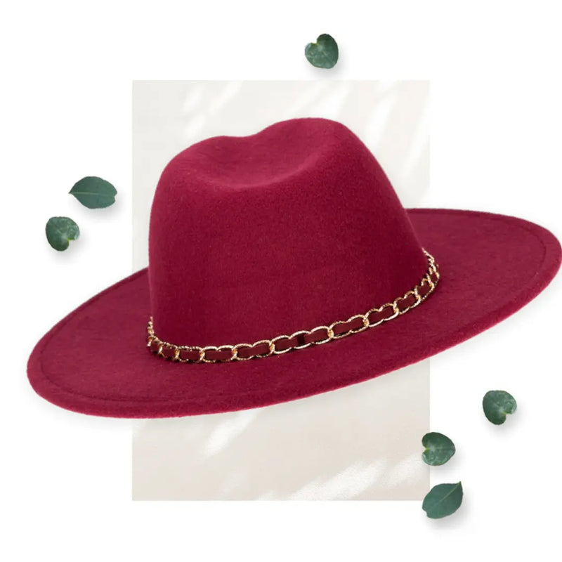 SDH Women's Faux Felt Fedora W/ Gold Chain Trim Hat WearMSW