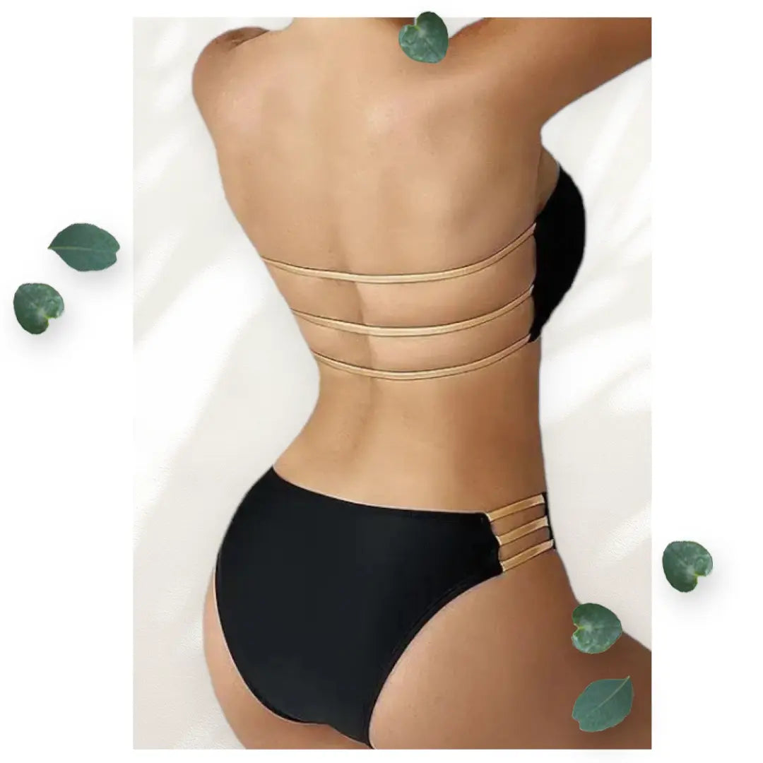 Women’s Black and Gold Bandeau Two Pieces Bikini Set Makuwa Swim Wear