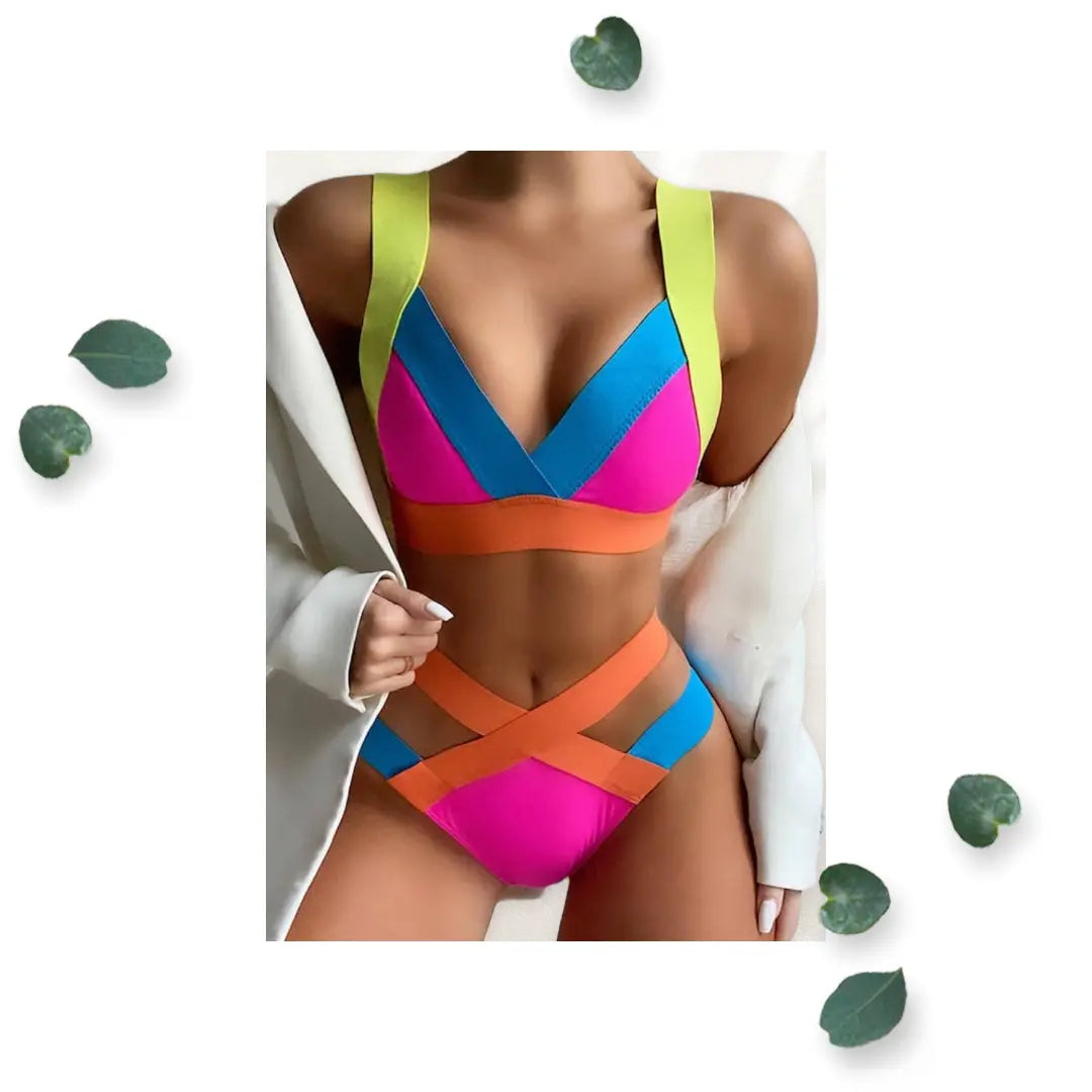 Pink Contrast Color Bondage High-Waisted Bikini WearMSW